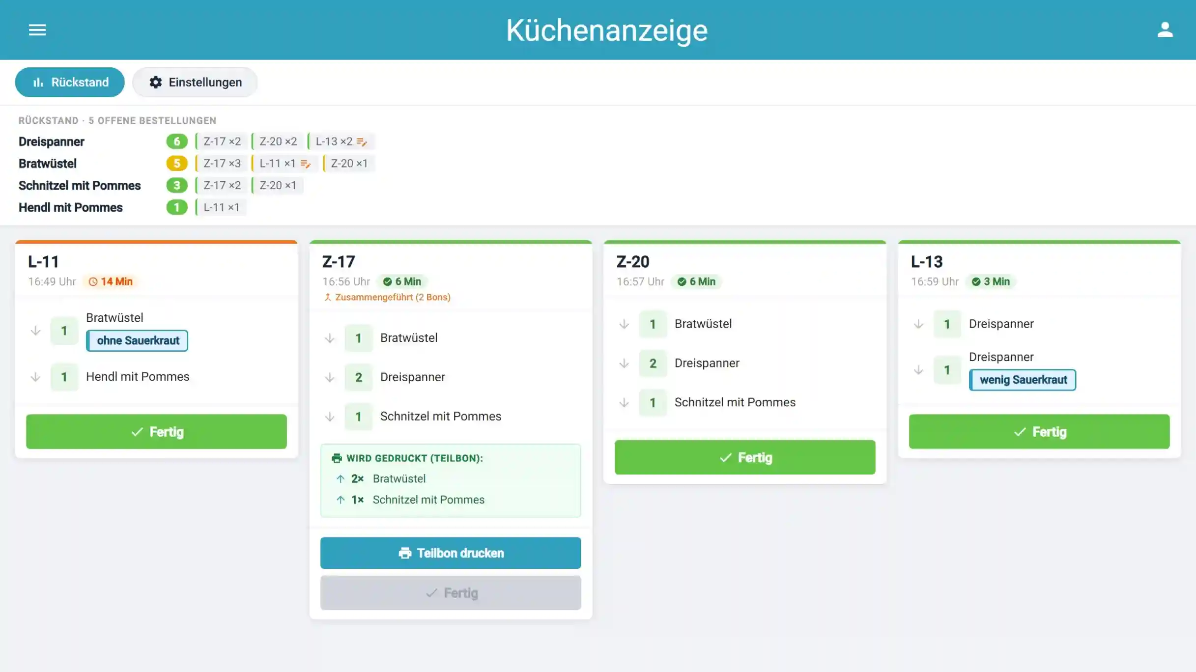 Küchenanzeige mit offenen Bestellungen und Rückstand-Übersicht